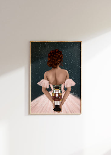 ballerina illustration showcasing the back view of a ballerina in a pink dress holding a nutcracker